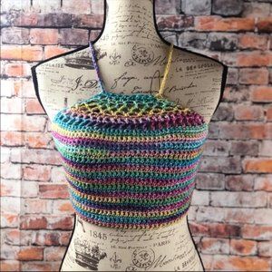 HP! Rainbow Bright Hand Crochet Halter Crop Top sm